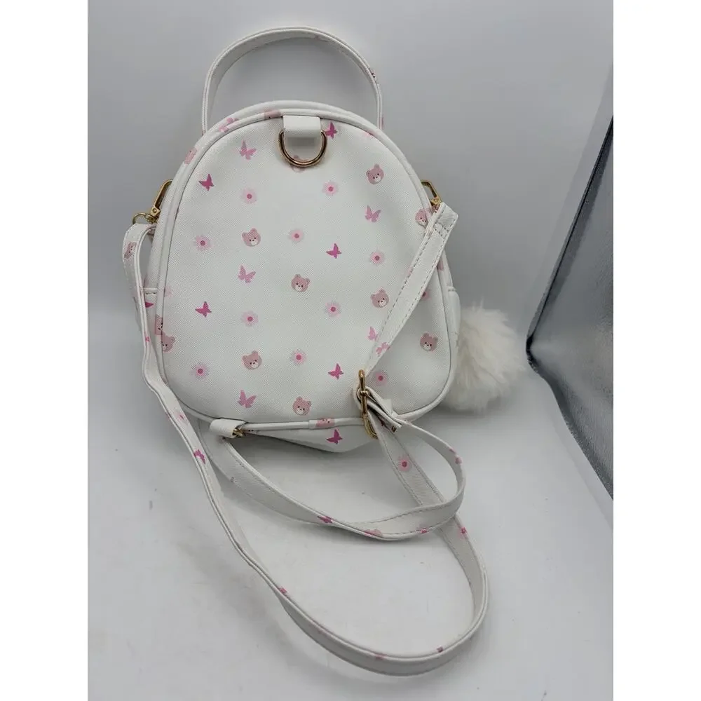 UNDER ONE SKY Mini Backpack Purse White Pink Bear Print Bow Bag Charm
